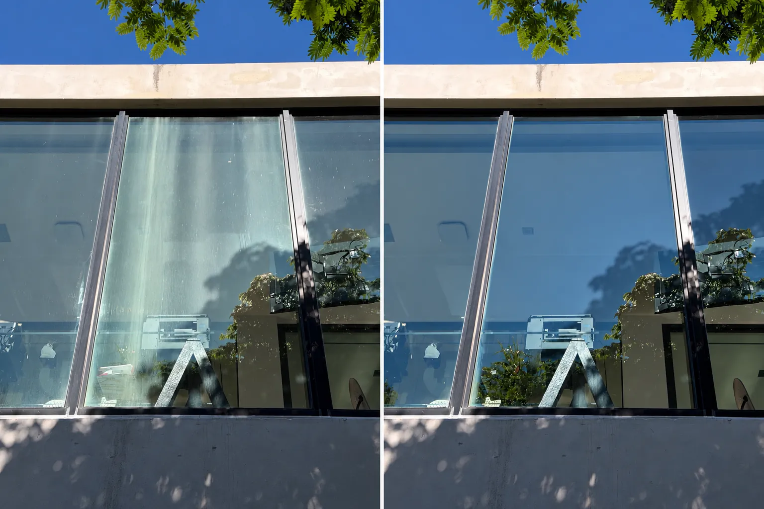 Exterior window in Miami Beach before and after removal of mineral streaks and salt film