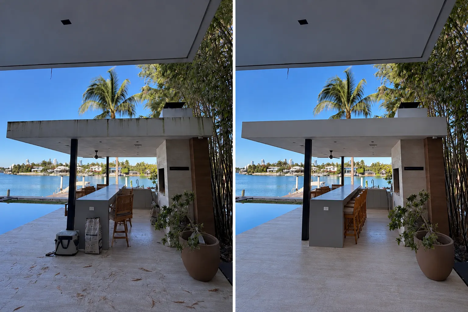Waterfront pool pavilion in Miami Beach before and after a house wash