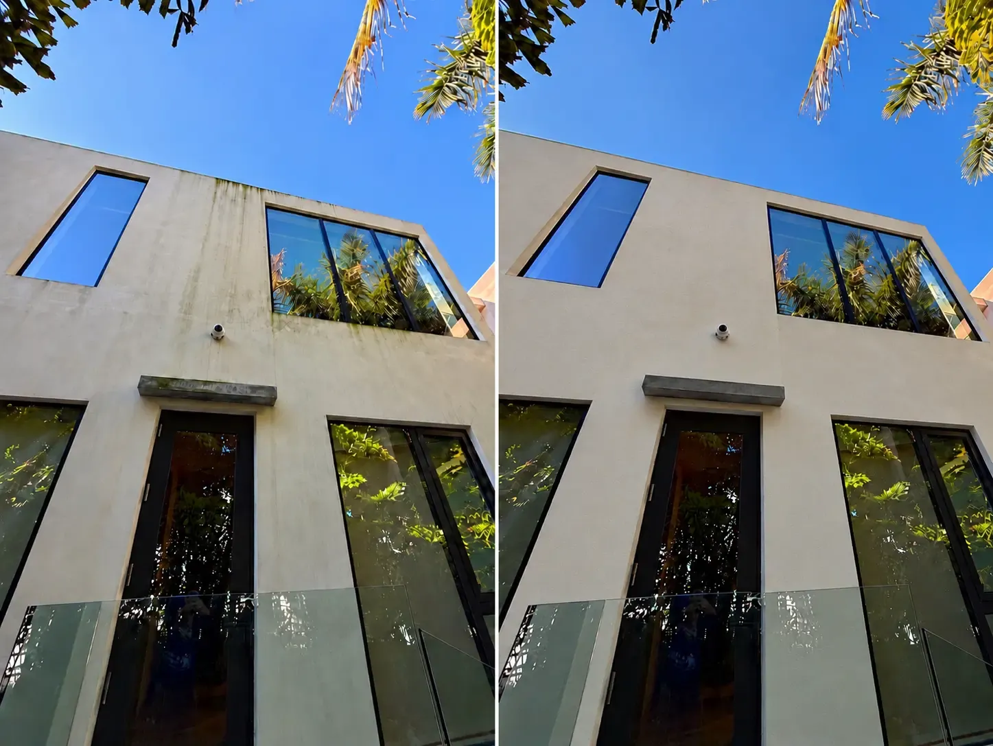 White stucco home before and after house wash, showing green growth removed from the facade