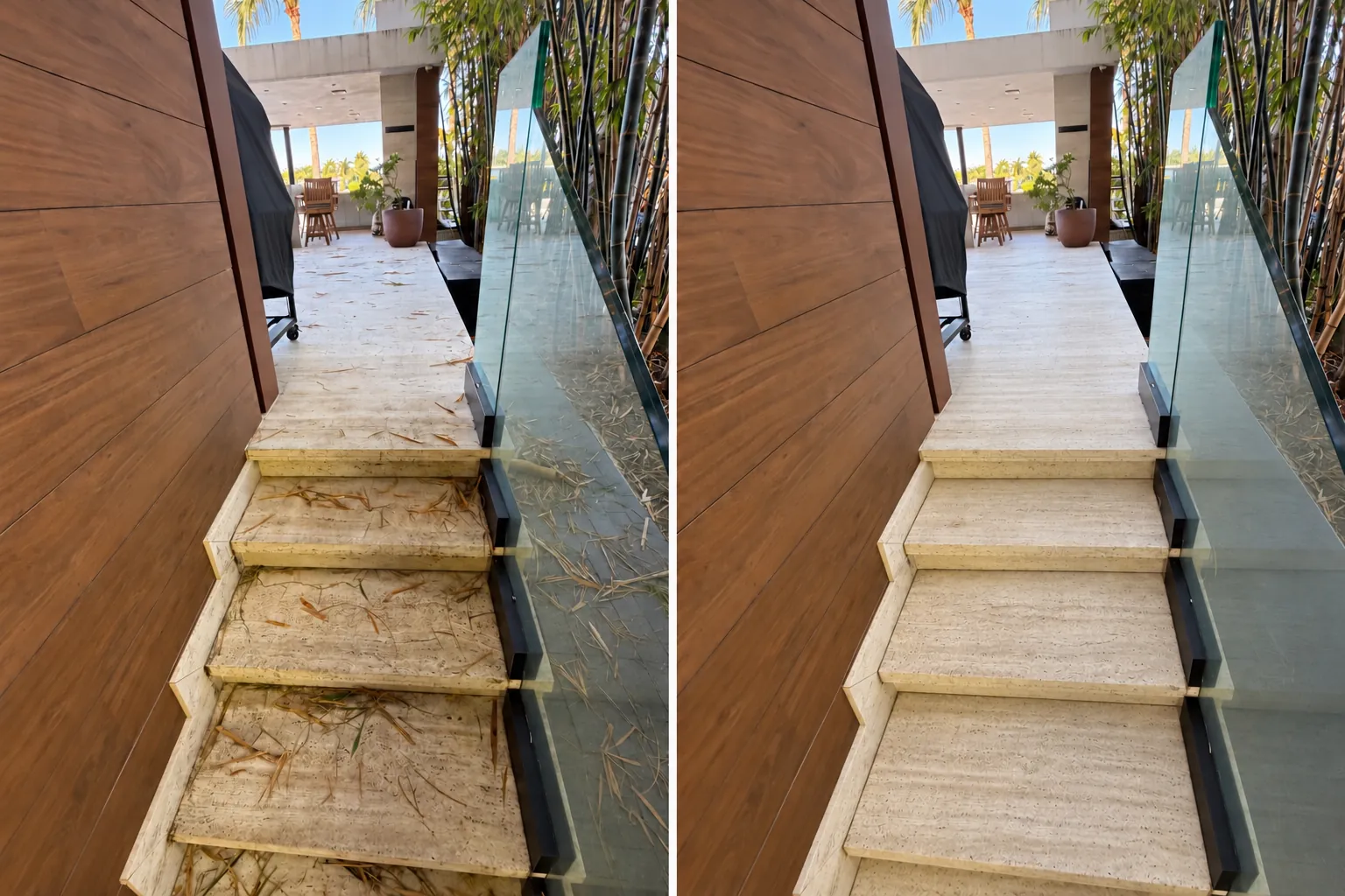 Travertine stone staircase with glass railing at a Miami Beach estate before and after stone cleaning, with leaf debris and dark stains removed