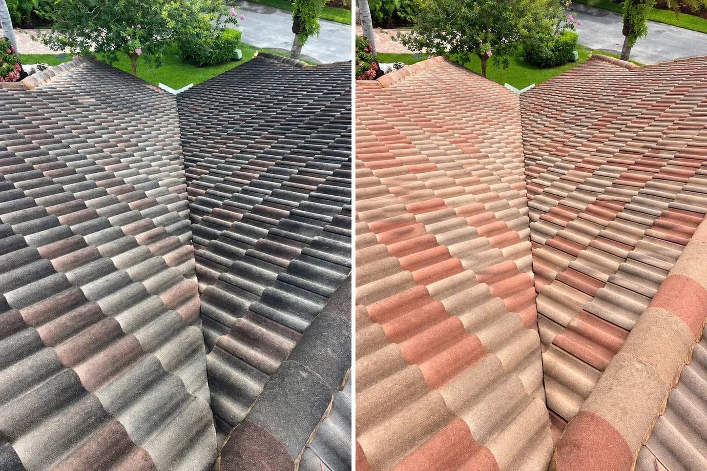 Multi-tone concrete barrel tile roof in Miami Beach before and after low-pressure roof cleaning